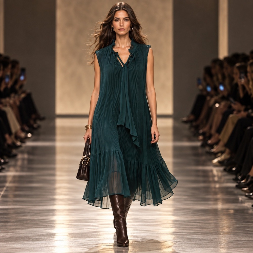 DKNY Women 18W Teal Green Pleated Sleeveless Tie Neck Tiered Shift Dress